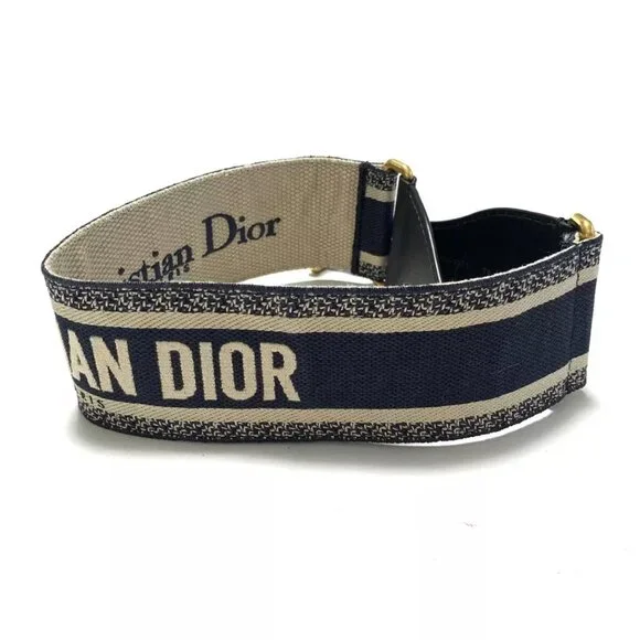 Auth Christian Dior Dark Navy Cream Jacquard Leather Hardware Belt 433-113024 - Picture 2 of 4